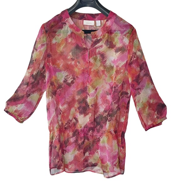 Chicos Size 1 M Tunic Top Sheer Blouse Pink Orange Elastic Drop Waist - Picture 1 of 3